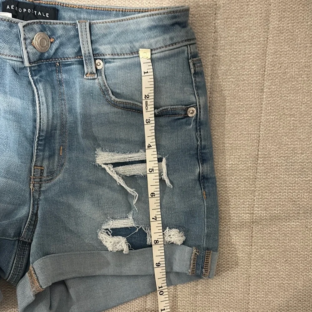 Aeropostale Women's Blue High Waisted Distressed Denim Shorts - Picture 4 of 9